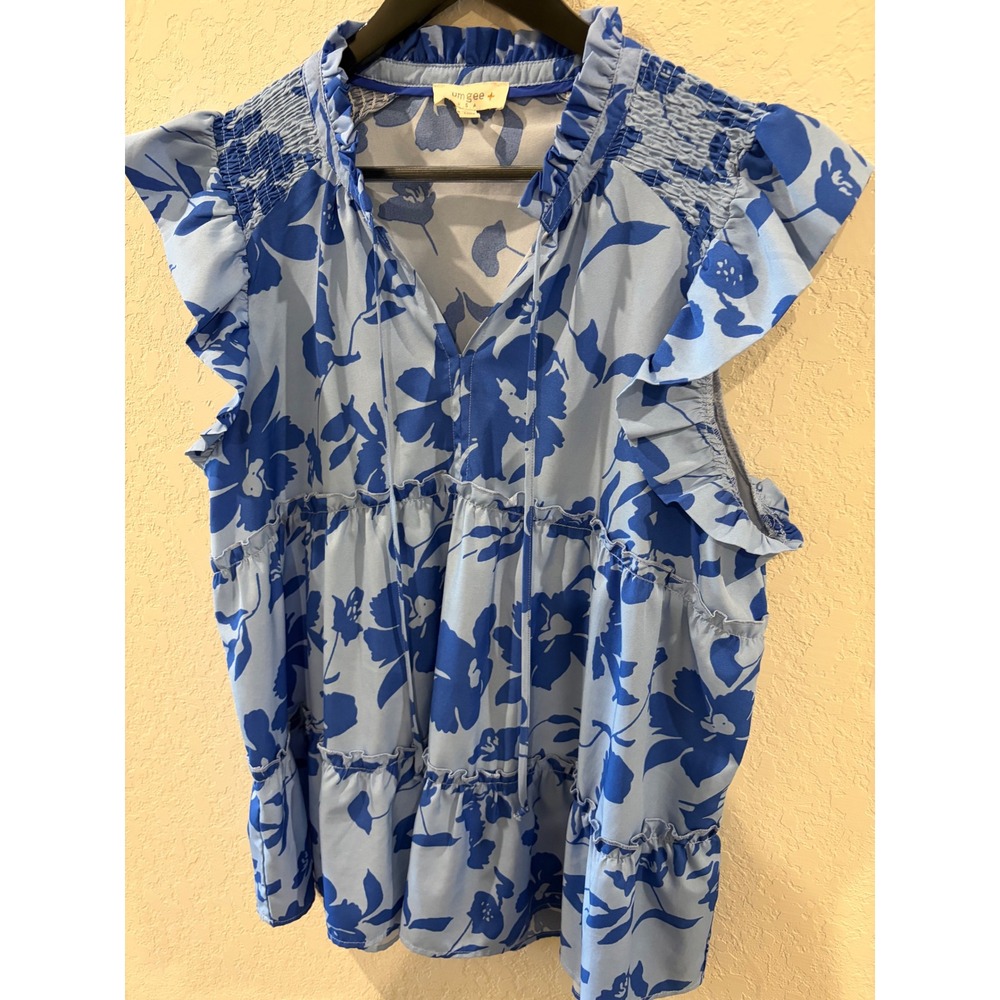 Umgee Floral Tiered Ruffle Sleeveless Blouse Blue XL Smocked V-Neck Top - Picture 2 of 7